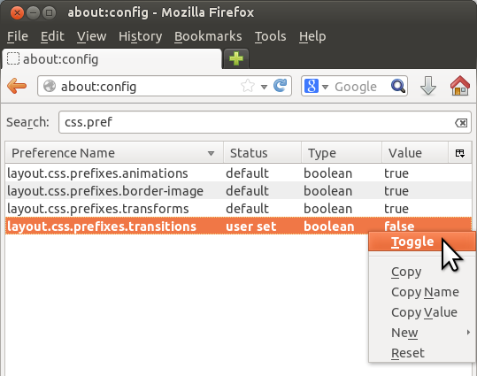 [image showing about:config in Firefox, with a search for 'css.prefixes']