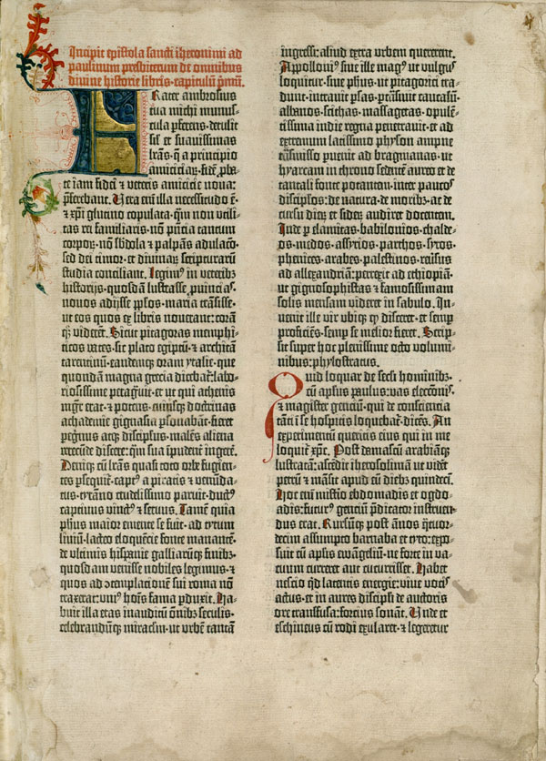 Image of Gutenberg Bible, showing two columns of text, with some enhanced first-letter effects