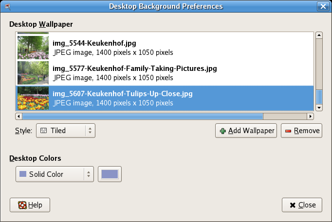Image of GNOME desktop background preferences, showing a dialog that behaves well when resized